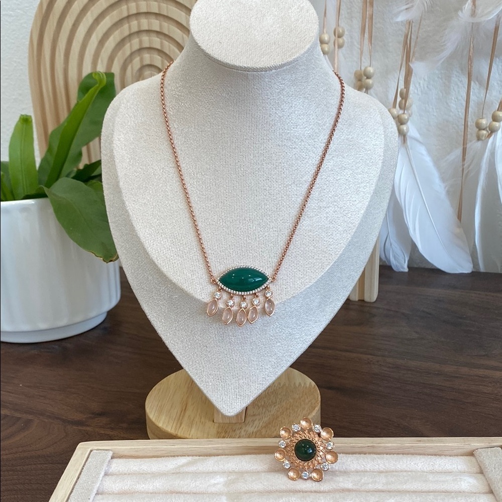 New Hespera Rose Gold Authentic Green Onyx, Moonstone, and white topaz set